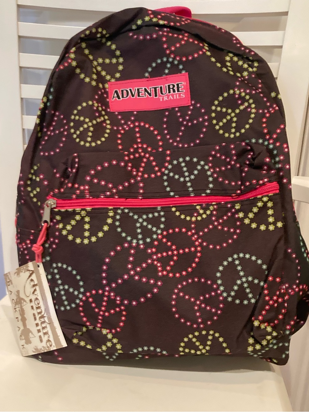 Black Peace Sign Floral Print Backpack with Pink Accents